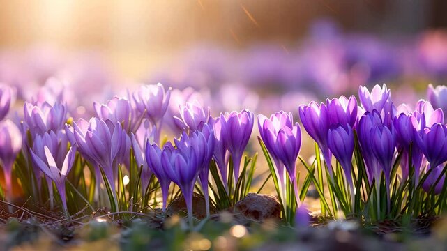 Beautiful spring crocuses in the garden. Flowering of bulbous plants in the garden. Floral spring background with pink and purple crocus flowers