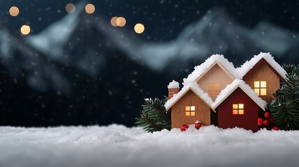 Naklejka premium Cozy houses sit nestled in snow, mountains backdrop, lights aglow creating a winter wonderland scene
