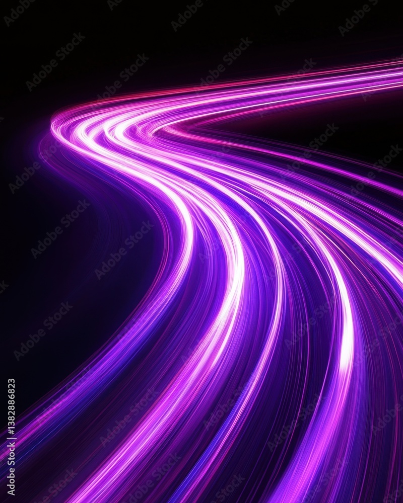Poster dynamic streaks of vibrant purple light creating an abstract futuristic flow against a dark backgrou
