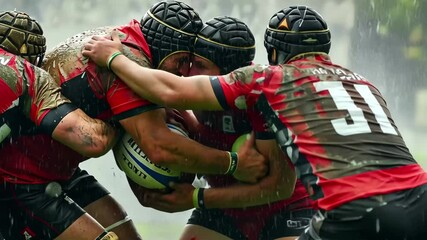 Amidst heavy rain, rugby players tackle each other on a muddy field, demonstrating their skill and teamwork in a demanding match while battling the elements.