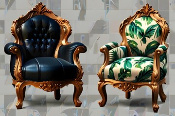 Luxury Blue Golden Armchair with Golden Wall and Plant on Table, using Generative Ai