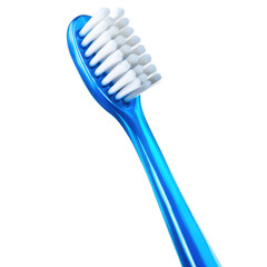 A close up view of a blue toothbrush with white bristles on a white background in a studio shot