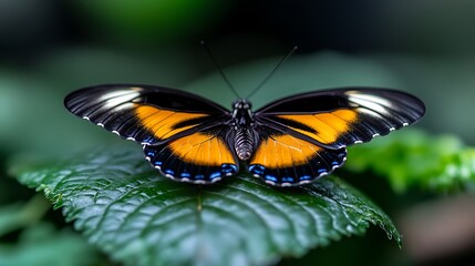 Vibrant Orange Butterfly on Green Leaf with Tropical Nature.