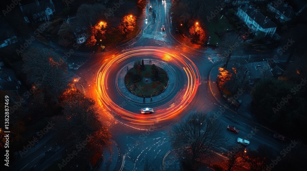 Poster aerial view of a busy traffic roundabout at night with light trails and urban landscape in the backg