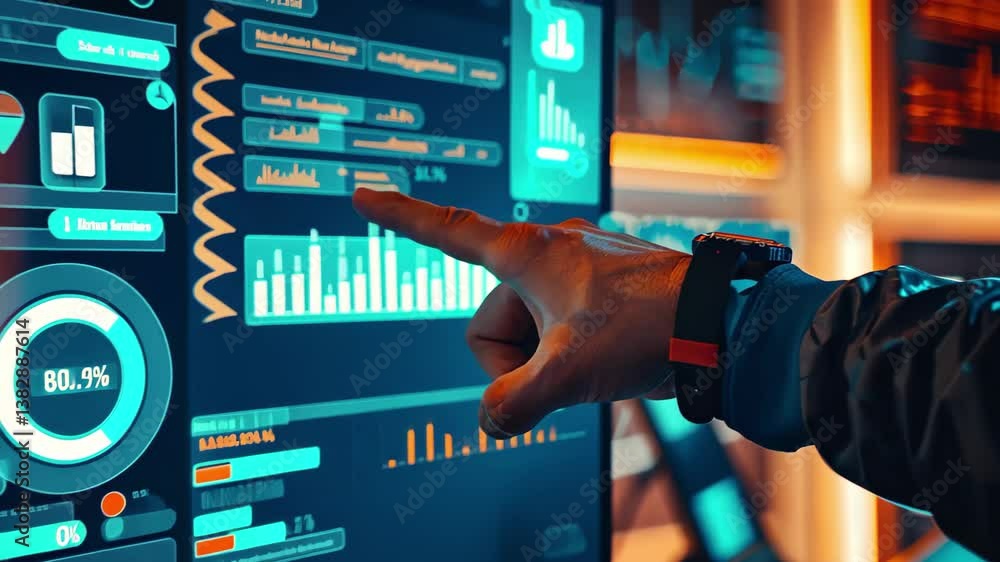 Poster an individual is intently examining complex financial data displayed on several screens, using a fin