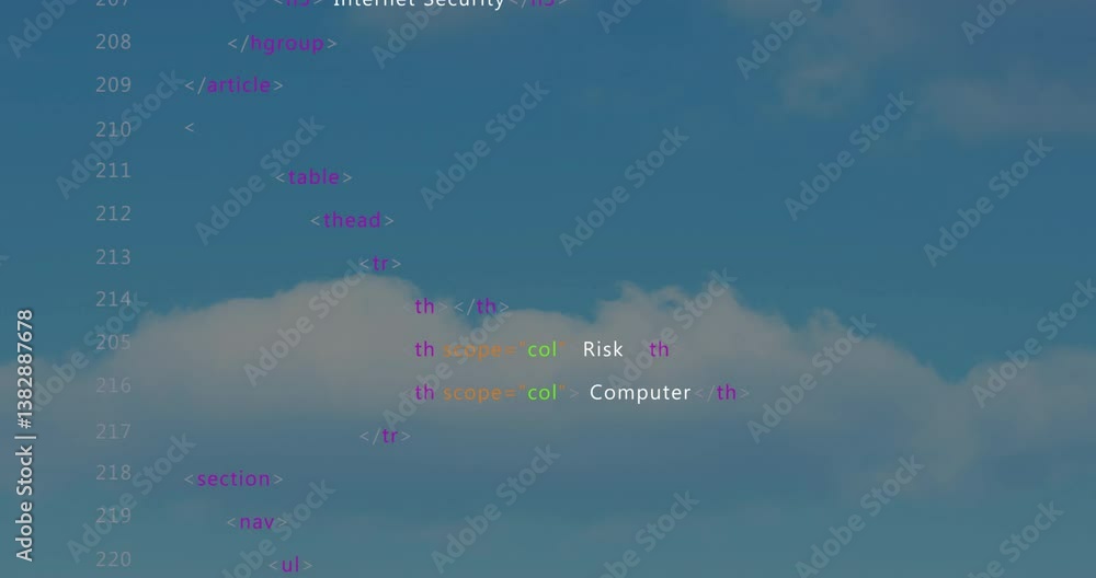 Poster animation of html code overlaying cloudy blue sky background with spyware text