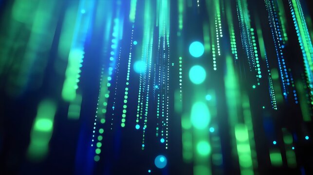 Abstract digital background with neon green and blue vertical lines and glowing matrix code, futuristic tech concept