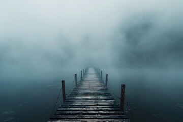 Misty wooden pier stretches into foggy lake at dawn creating a serene and mysterious atmosphere