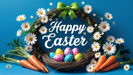 Happy Easter text with colorful easter eggs and flowers on easter background.Generative AI.