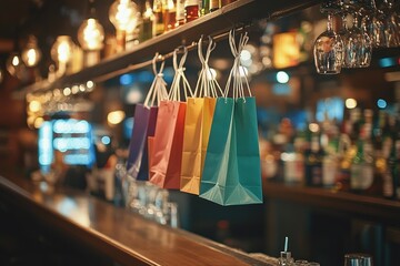 Colorful shopping bags hanging at a bar
