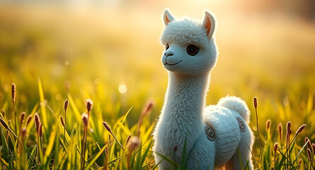 A cute and fluffy alpaca robot stands in a field.