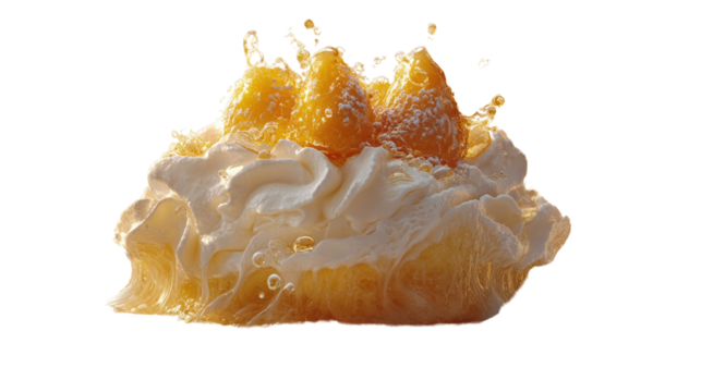 Refreshing Dessert Delight: A tempting dessert showcases a symphony of textures and tastes, with succulent fruit, like slices of oranges, nestled amidst a fluffy cloud of whipped cream.