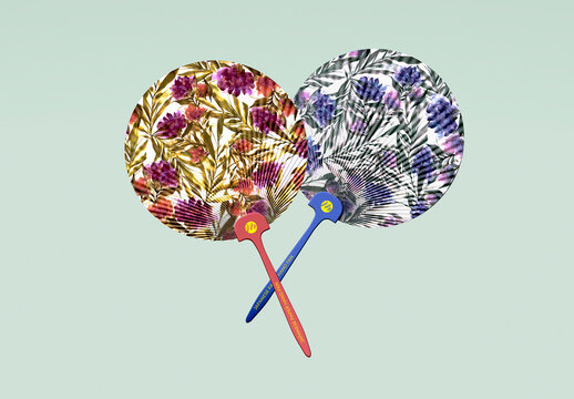 Japanese Round Paper Hand Fan Set Mockup