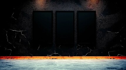 Dark textured wall background with three black rectangles and an orange stripe across the bottom