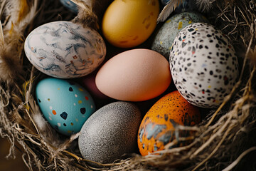 Fototapeta premium Bird nest filled with colorful hand painted Easter eggs and bright feathers for festive spring holiday decoration, generative ai
