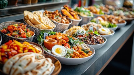 Colorful array of bowls, healthy meal prep, various dishes