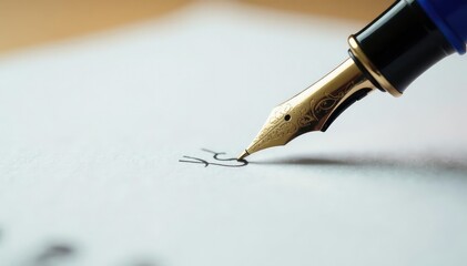 Fototapeta premium Close-up of a fountain pen writing on a sheet of white paper, professional, graphic design, nib