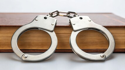 law restriction policy concept. Handcuffs resting on a closed book, symbolizing law enforcement or crime.