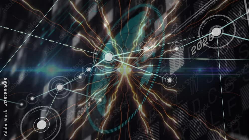 Poster animation of network connections and data processing in digital background