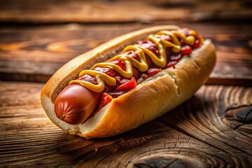 Rustic Wooden Tabletop with Juicy Hot Dog - Summer BBQ Food Photography