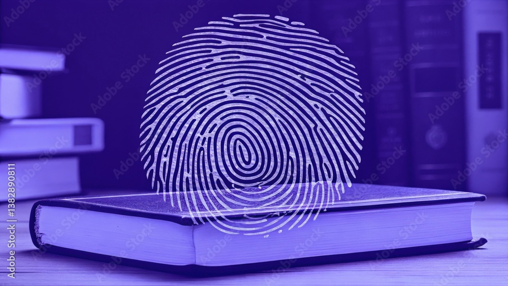 Poster law restriction policy concept. fingerprint on a book symbolizing identity and knowledge.
