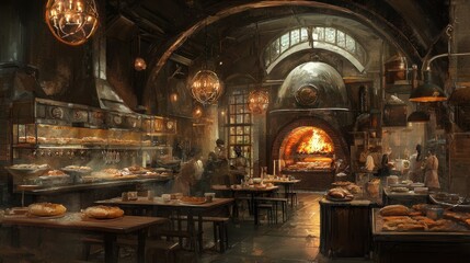 Fototapeta premium The rustic charm of a country bakery with a brick oven, wooden tables, and golden light streaming in, bringing warmth and a detailed atmosphere to the space.