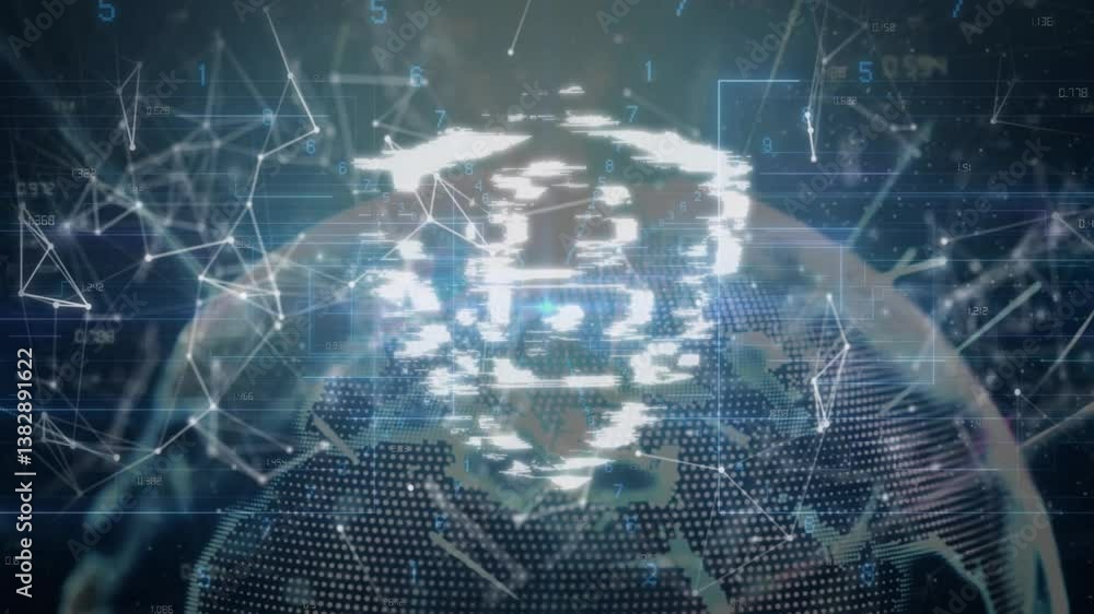 Poster digital globe with network connections and binary code overlay animation
