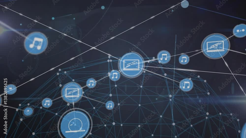 Poster network of connections and data processing animation with music and video icons