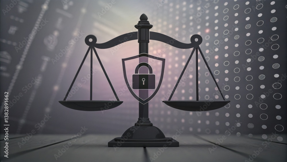 Poster law restriction policy concept. symbolic scales representing justice and security in a digital conte