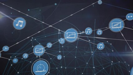 Network of connections and data processing animation with music and video icons - Powered by Adobe