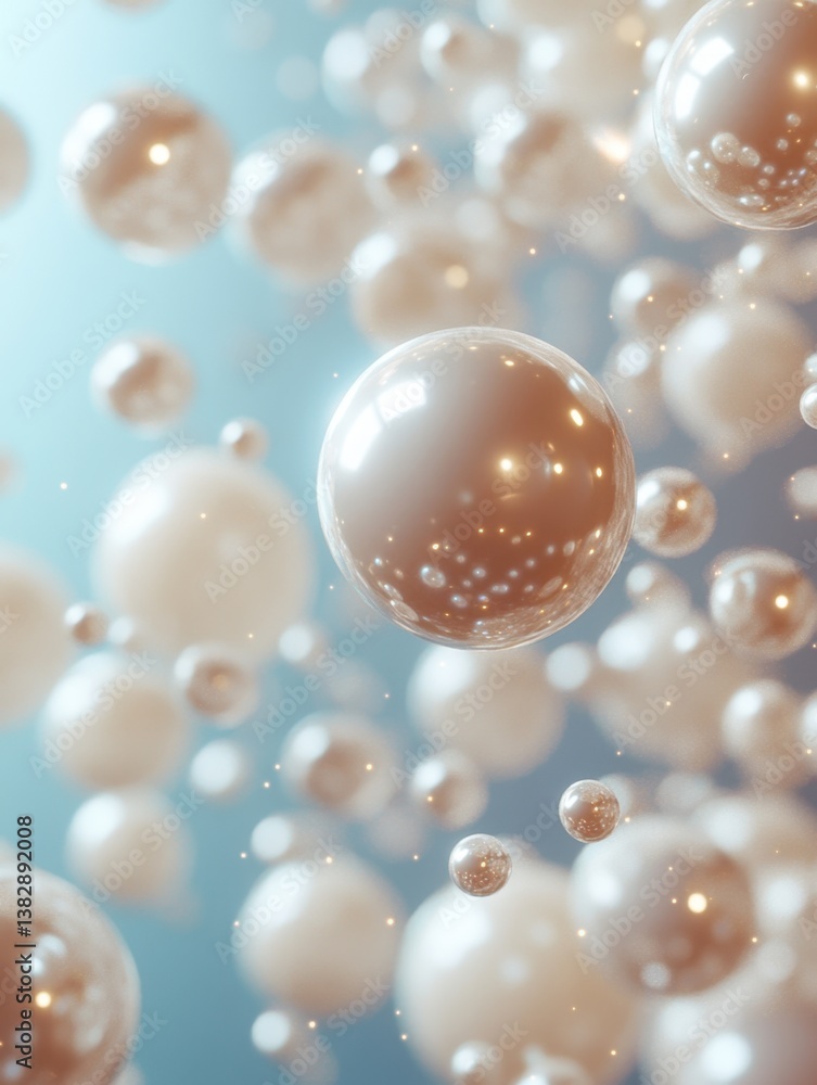 Poster abstract floating spheres with soft light and gentle blue background creating a serene and elegant v