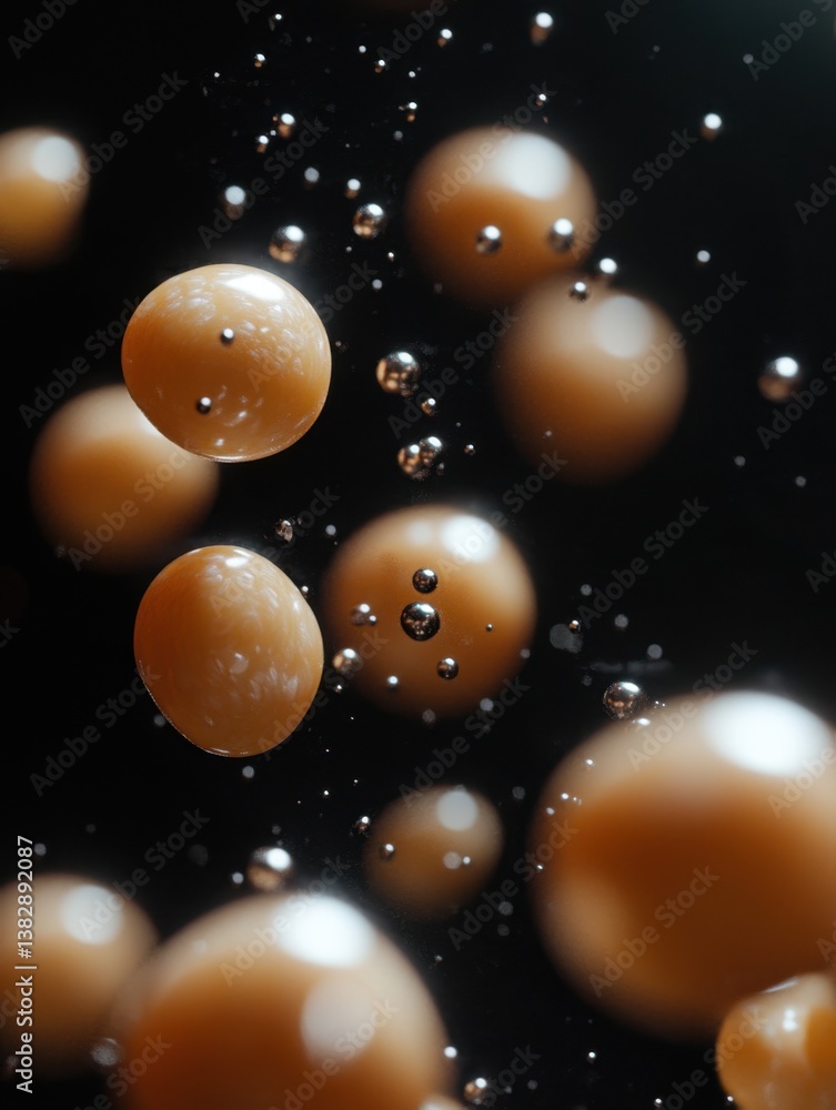 Poster abstract caramel spheres and silver bubbles floating in a dark space creating a surreal and dreamy a
