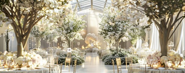 Stunning wedding location adorned with white trees and flowers, evoking a magical and opulent ambiance