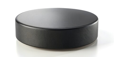 A lone black hockey puck, perfectly centered on a stark white background, embodies the sport's intensity.