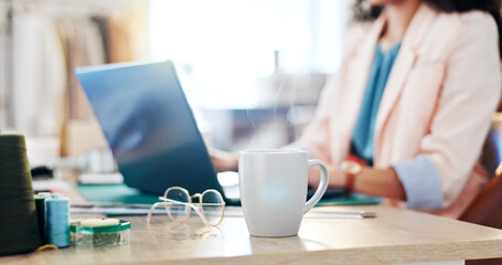 Startup, coffee or hands of woman on laptop for fashion design, product research or inventory...