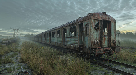 Obraz premium Rusty train car with shattered windows sits idle on unused tracks surrounded by tall grass and misty morning light, evoking a sense of neglect