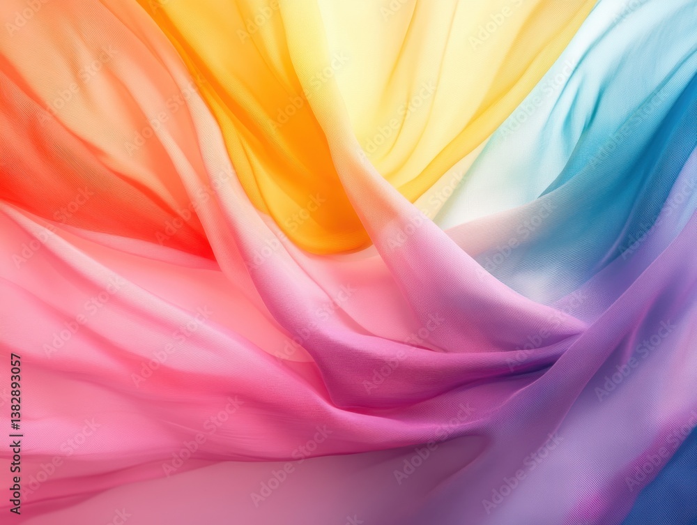 Poster ethereal fabric with vibrant rainbow gradient colors flowing gracefully in a soft and dreamy composi