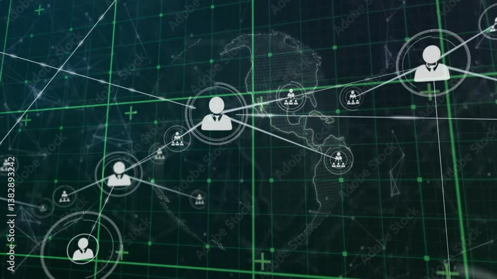 Poster network of connections and data processing animation over world map background