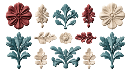 Antique ornament architectural elements, floral decor, embellishment, cut out transparent