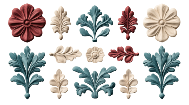 Antique ornament architectural elements, floral decor, embellishment, cut out transparent