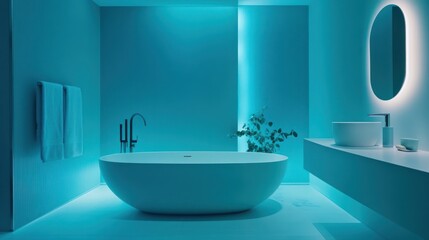 Modern teal bathroom, illuminated, minimalist, elegant, relaxing