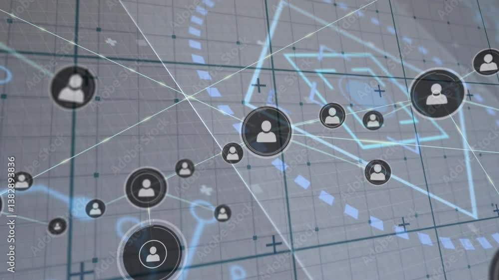 Poster animation of connected user icons over digital grid with geometric patterns