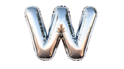 Silver balloon letter W, isolated inflated foil shape, cut out transparent