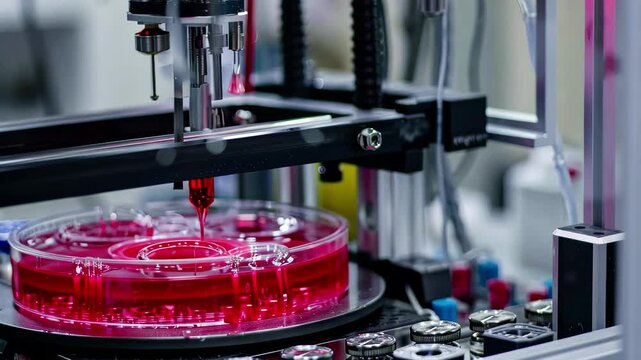 A high-tech laboratory apparatus meticulously dispenses red liquid into a petri dish while surrounded by various scientific instruments and reagents.