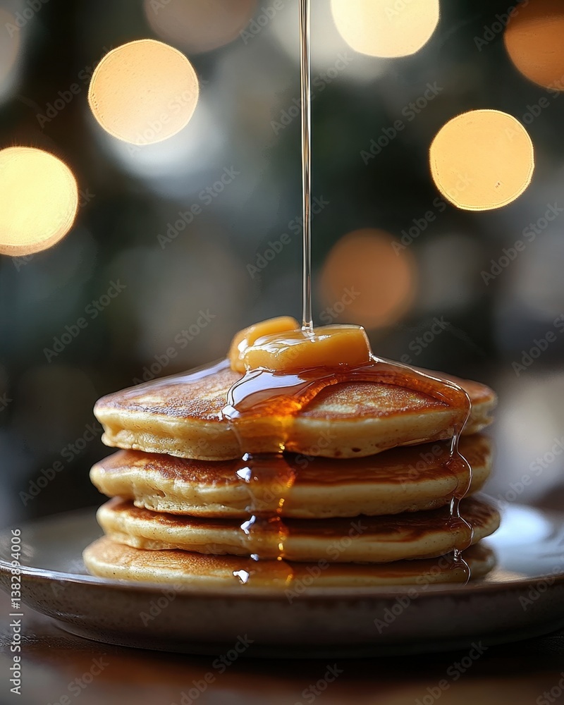 Aufkleber delicious pancake stack with dripping maple syrup and butter on a plate against a blurred bokeh back