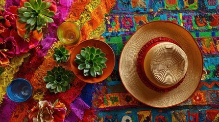 Top-down vibrant Mexican party scene, with a sombrero, tiny succulents, and colorful papel picado.