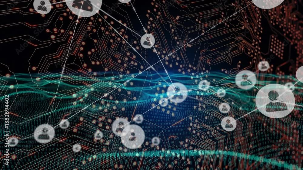 Poster network of connections and data processing animation over circuit board background