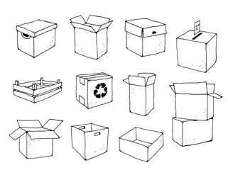 Boxes for different purposes in one vector set, hand drawn illustration