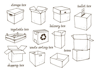 Boxes for different purposes in one vector set, hand drawn illustration