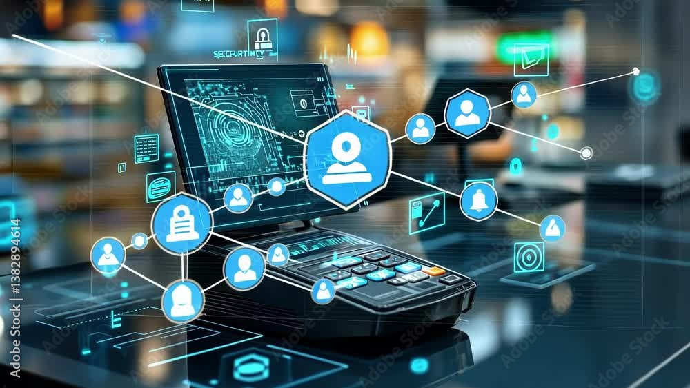 Poster futuristic pos terminal displaying holographic cyber security information, ensuring secure payment t